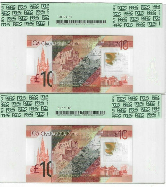 Scotland Clydesdale Bank 10 Pound 2017 pair P 229P PCGS 64PPQ-62PPQ #1439
