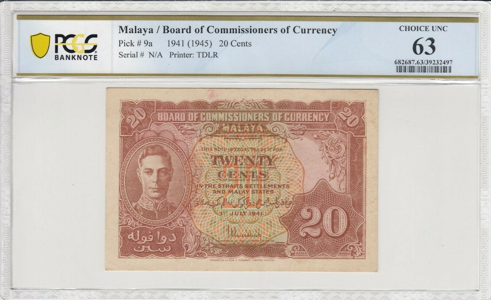 Malaya 20 Cents 1941 (1945)  Pick 9a PCGS 63 Choice UNC