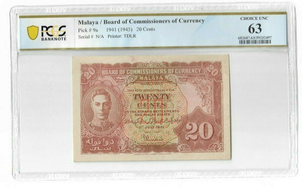 Malaya 20 Cents 1941 (1945)  Pick 9a PCGS 63 Choice UNC