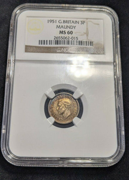 Great Britain 1951 3d Threepence Maundy NGC MS60 Unc scratch on reverse #1461