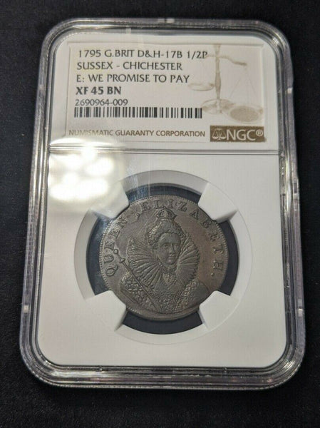 Great Britain 1795 Tk 1/2D Half Penny Elizabeth Sussex DH-17b NGC XF45 BN #1455