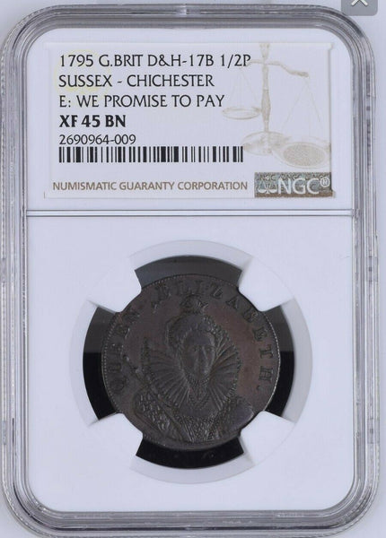 Great Britain 1795 Tk 1/2D Half Penny Elizabeth Sussex DH-17b NGC XF45 BN #1455