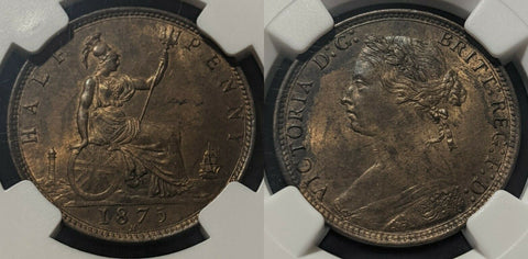 Great Britain 1875 H Half Penny 1/2D NGC MS62 BN UNC KM# 754  Sp# 3956 #1476