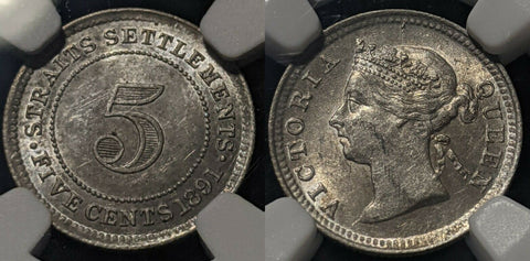 Straits Settlements 1891 Five Cent 5C KM# 10 NGC UNC Details OBV Damage #1472