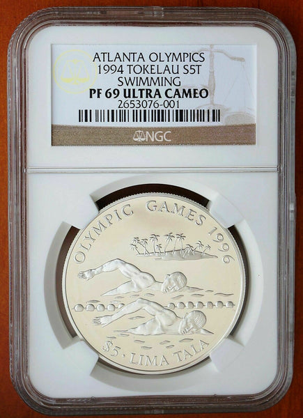 Tokelau 1999 5 Tala Olympics Swimming KM# 19 Proof Silver NGC PF69 UCAM #1474