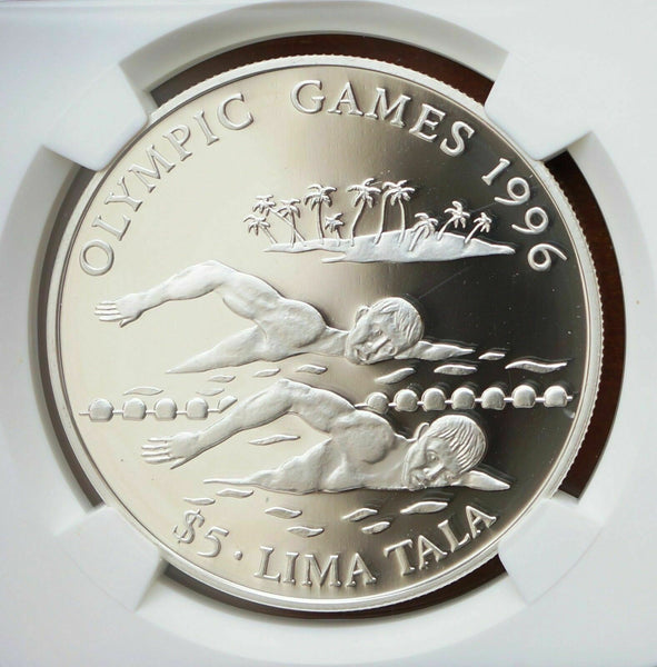 Tokelau 1999 5 Tala Olympics Swimming KM# 19 Proof Silver NGC PF69 UCAM #1474