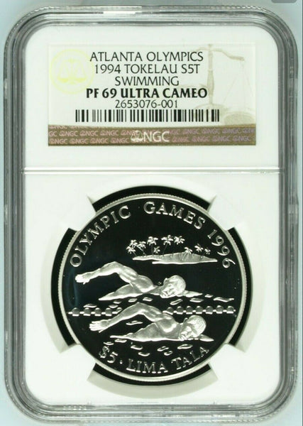 Tokelau 1999 5 Tala Olympics Swimming KM# 19 Proof Silver NGC PF69 UCAM #1474