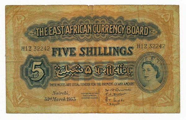 East Africa 5 Shillings 1953 QEII Note P. 33 Scarce VG