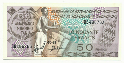 Burundi 50 Francs 1988 P. 28 /28c RARE Date UNC Note Africa