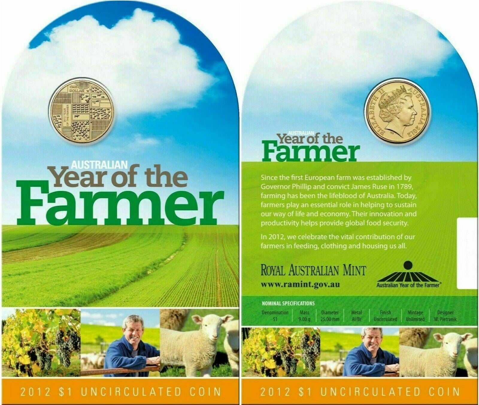 2012 $1 UNC AUSTRALIAN YEAR OF THE FARMER COIN ON CARD