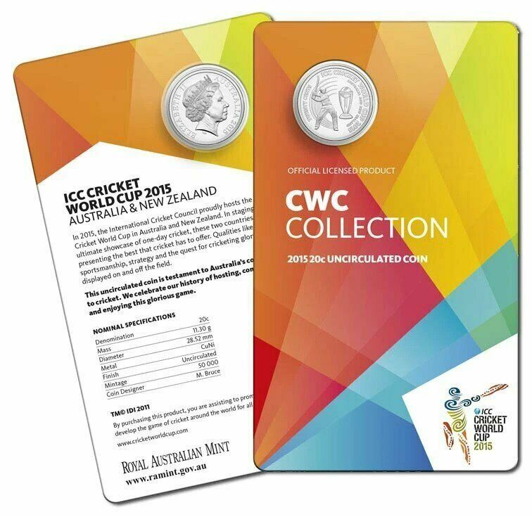 2015 UNC 20c ICC CRICKET WORLD CUP AUSTRALIA & NZ COIN ON CARD