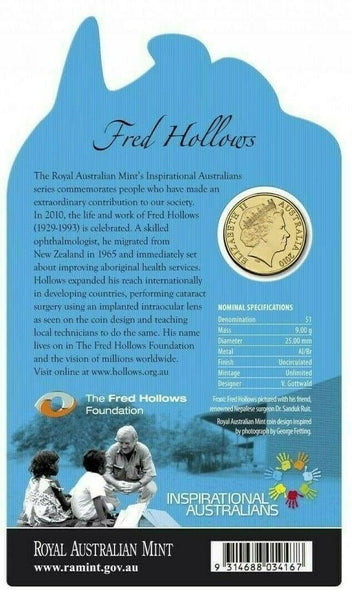 2010 AUSTRALIAN $1 COIN INSPIRATIONAL AUSTRALIANS "FRED HOLLOWS" ON CARD