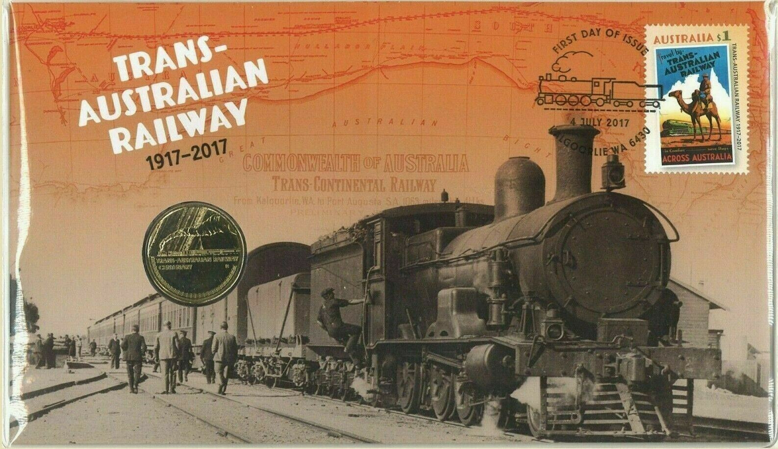 Trans - Australian Railway Train 1917 - 2017 PNC Stamp & $1 UNC Coin Cover RAM