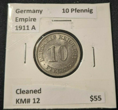 Germany Empire 1911 A 10 Pfennig KM# 12 Cleaned  #103   8C
