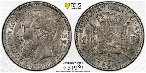 Belgium 1887 1 Fr Franc With period PCGS AU55 aUNC KM# 29.1 Small Die Rotation