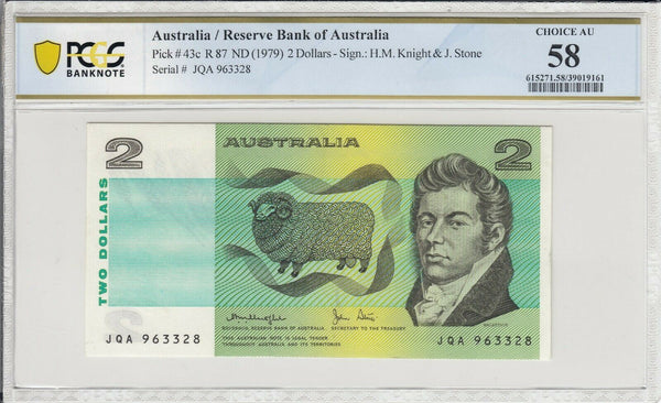 1979 Australia $2 Two Dollars Banknote Knight/Stone PCGS AU58 aUNC R 87  #1521