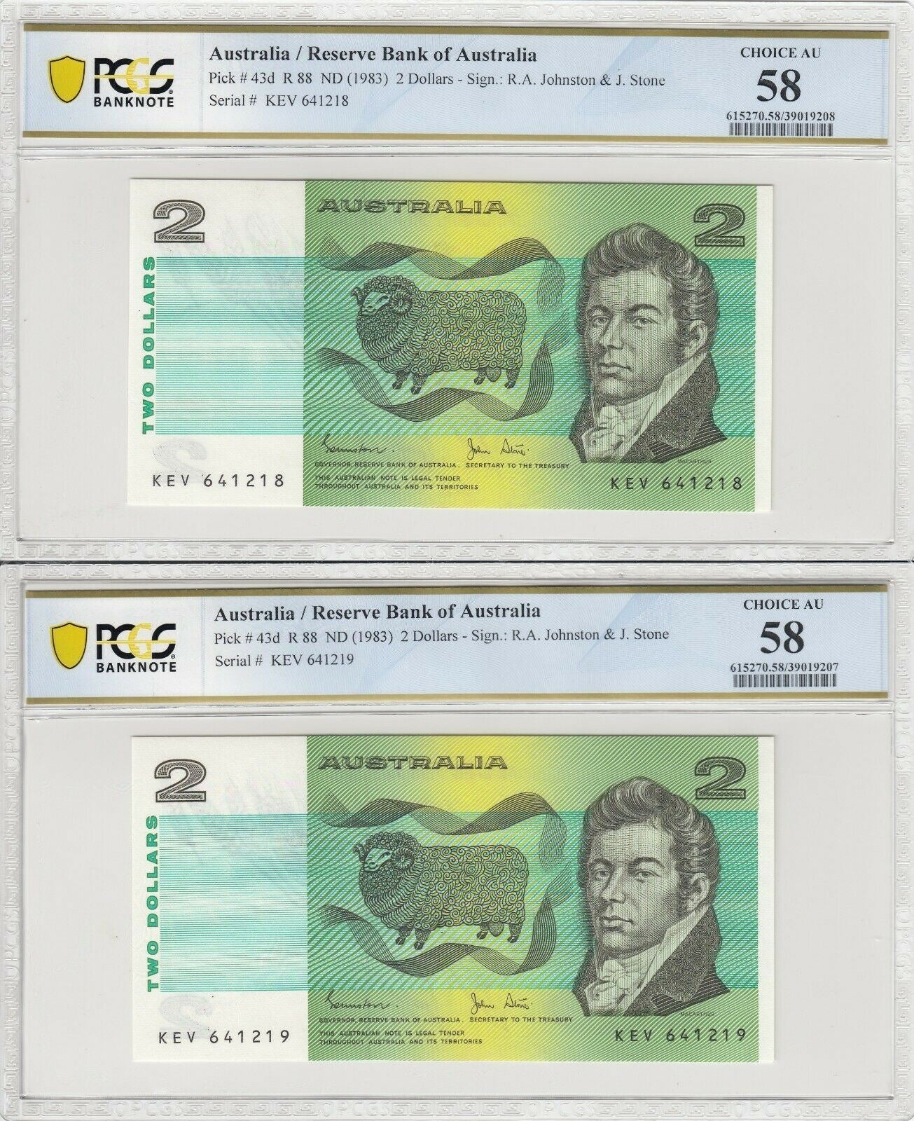 1983 $2 Two Dollars Banknote Johnston/Stone PCGS AU58 Choice AU Pair R 88 #1528