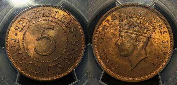 Seychelles 1948 Five Cent 5c KM# 7 PCGS MS64 RB Gem UNC #1541
