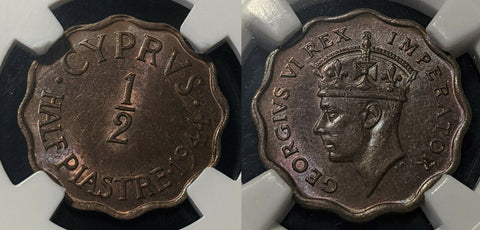 Cyprus 1944 Half Piastre 1/2P KM# 22a NGC MS63RB Choice UNC #1550