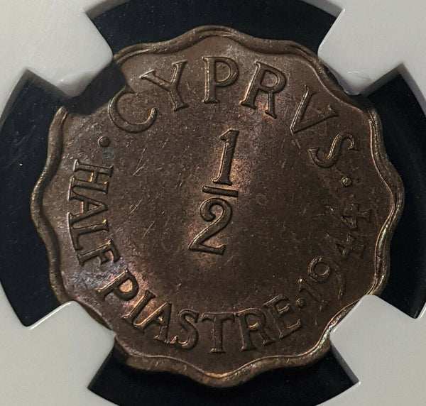 Cyprus 1944 Half Piastre 1/2P KM# 22a NGC MS63RB Choice UNC #1550