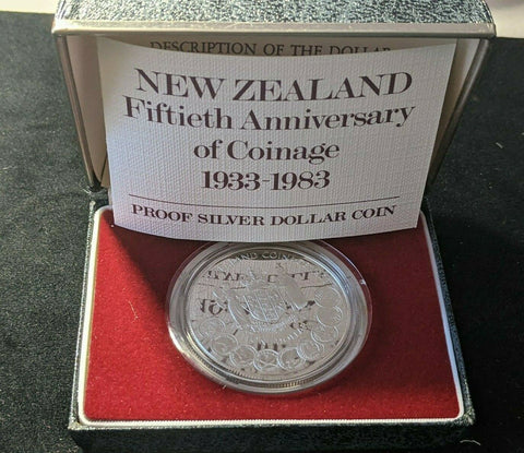 1983 New Zealand $1 One Dollar Silver Proof Coin Fiftieth Anniversary of Coinage