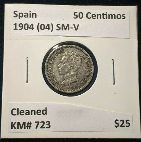 Spain 1904 (04) SM-V 50 Centimos KM# 723 Cleaned #040 #23B