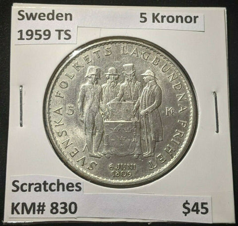 Sweden 1959 TS 5 Kronor KM# 830 Scratches #049    #12A