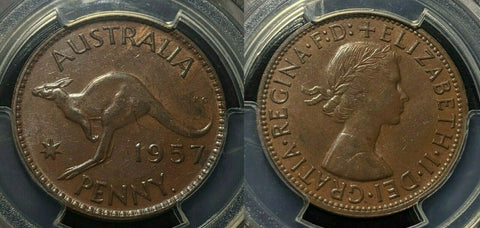 1957 Y (p) Penny 1d Australia MS62BN wide date variety PCGS UNC #1587