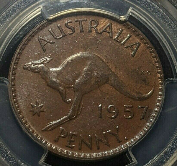 1957 Y (p) Penny 1d Australia MS62BN wide date variety PCGS UNC #1587