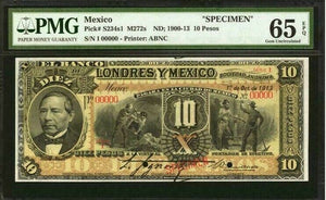 Mexico Banco de Londres ND 1900-1910 10 Pesos P-S234s1 SPECIMEN PMG 65 GEM UNC