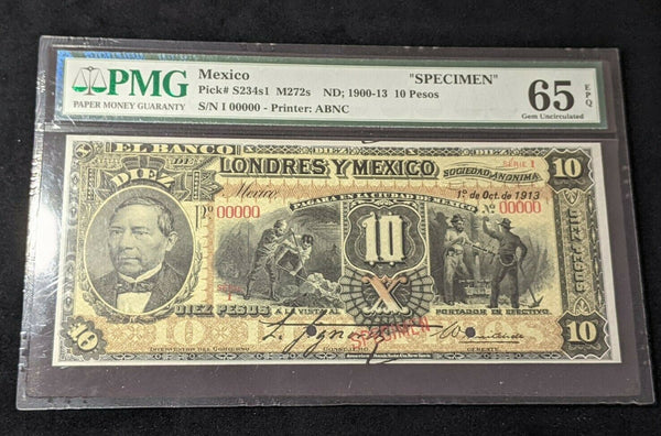 Mexico Banco de Londres ND 1900-1910 10 Pesos P-S234s1 SPECIMEN PMG 65 GEM UNC