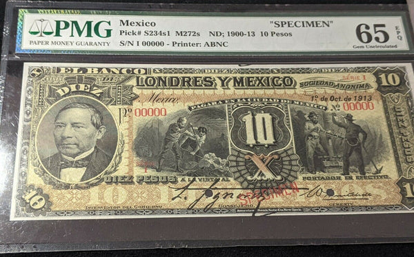 Mexico Banco de Londres ND 1900-1910 10 Pesos P-S234s1 SPECIMEN PMG 65 GEM UNC