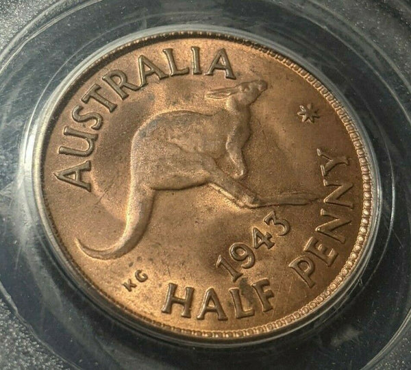 1943 m Half Penny 1/2d Australia PCGS MS64RD GEM UNC #1692