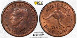 1943 m Half Penny 1/2d Australia PCGS MS62BN UNC  #1706