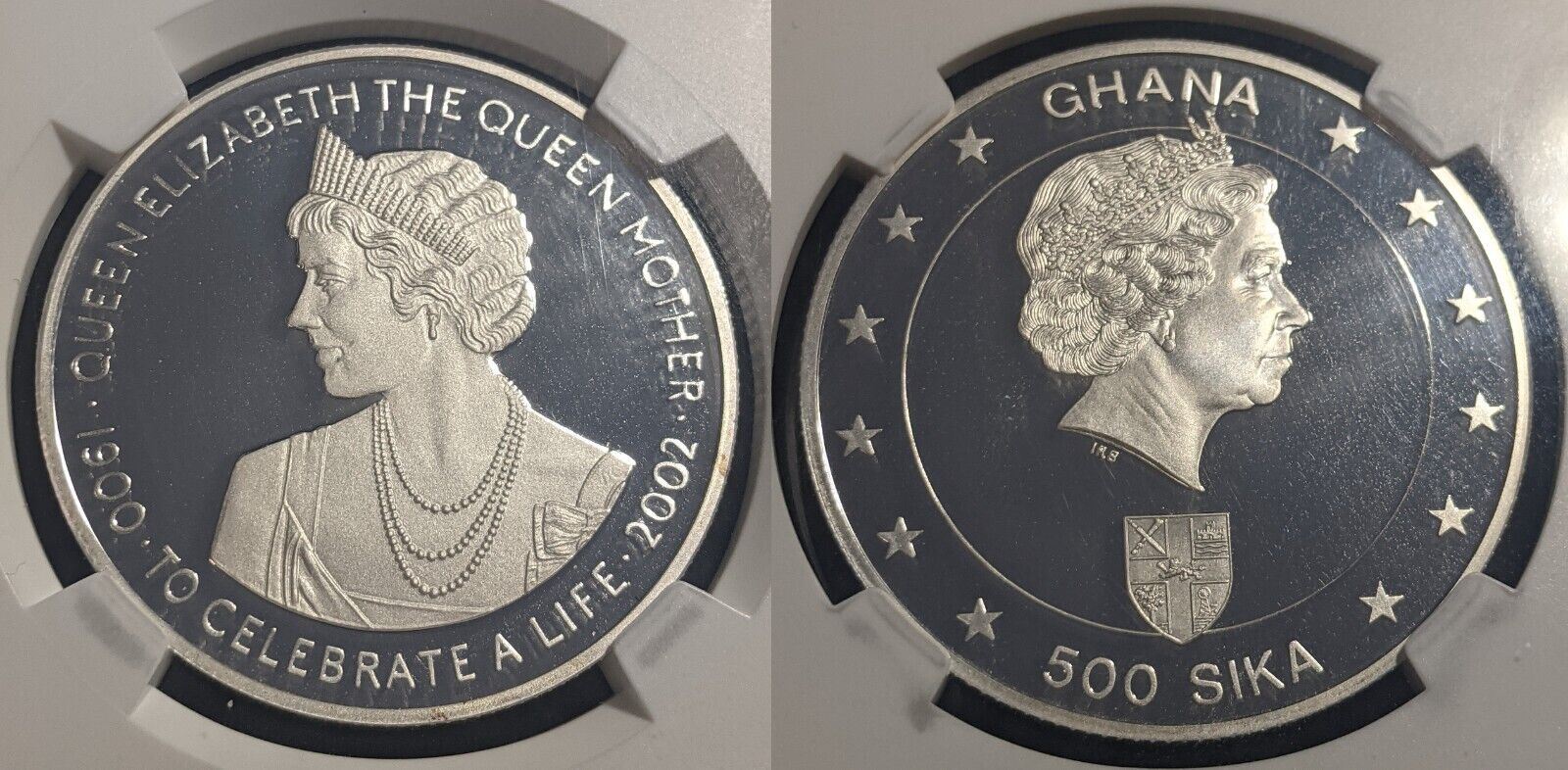 Ghana 2002 Proof Silver 500 Sika Queen Mother NGC PF69 UCAM UNC