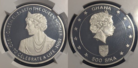 Ghana 2002 Proof Silver 500 Sika Queen Mother NGC PF69 UCAM UNC
