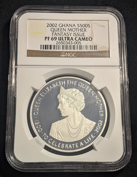 Ghana 2002 Proof Silver 500 Sika Queen Mother NGC PF69 UCAM UNC