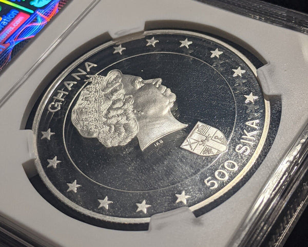 Ghana 2002 Proof Silver 500 Sika Queen Mother NGC PF69 UCAM UNC