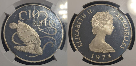 Seychelles 1974 Proof Silver $10 Ten Rupees Green Sea Turtle NGC PF67UCAM KM#20a