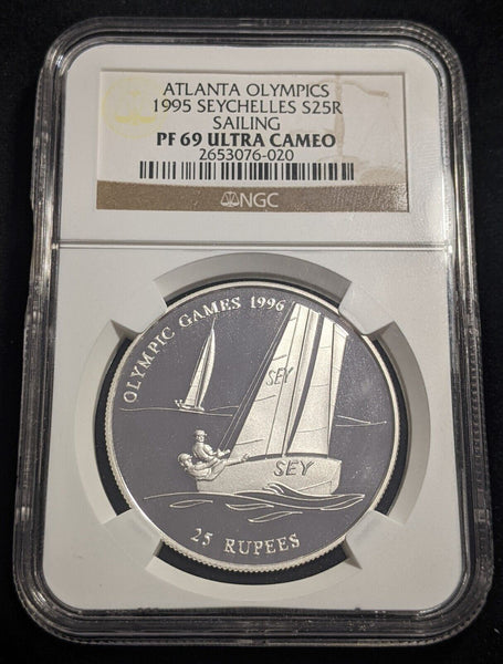 Seychelles 1995 Proof Silver $25 Rupees Atlanta Olympics Sailing NGC PF69 UCAM