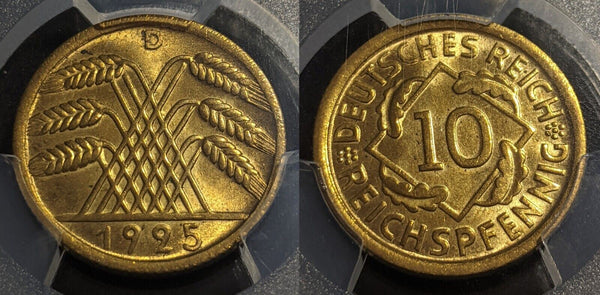 Germany Weimar Republic 1925 D 10 Reichspfennig PCGS MS64 GEM UNC KM# 40 J-317