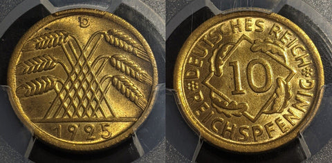 Germany Weimar Republic 1925 D 10 Reichspfennig PCGS MS64 GEM UNC KM# 40 J-317