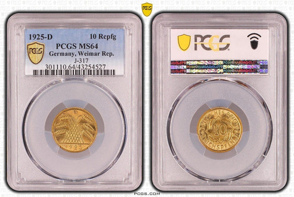 Germany Weimar Republic 1925 D 10 Reichspfennig PCGS MS64 GEM UNC KM# 40 J-317