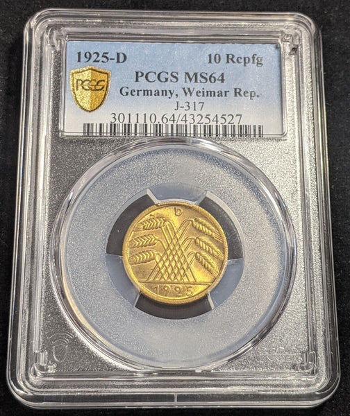 Germany Weimar Republic 1925 D 10 Reichspfennig PCGS MS64 GEM UNC KM# 40 J-317