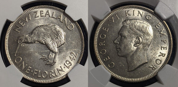 New Zealand 1942 Florin 2/- KM# 10.1 NGC AU58 aUNC #2277