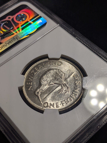 New Zealand 1942 Florin 2/- KM# 10.1 NGC AU58 aUNC #2277