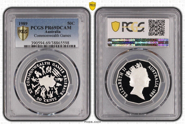 1989 Proof Silver Fifty Cent 50c Commonwealth Games PCGS PR69DCAM FDC UNC #2302