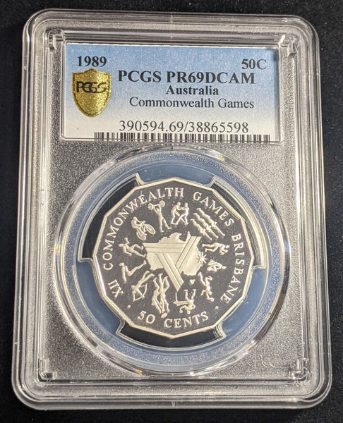 1989 Proof Silver Fifty Cent 50c Commonwealth Games PCGS PR69DCAM FDC UNC #2302