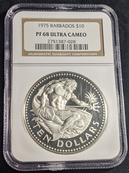 Barbados Proof 1975 FM $10 Ten Dollars NGC PR68 ULTRA CAMEO FDC GEM UNC KM#17a