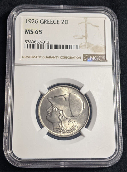 Greece 1926 2 Drachmai NGC MS65 GEM UNC KM# 70 NGC #2412